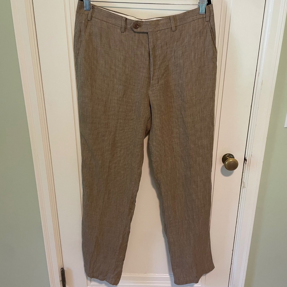 Lauren Ralph Lauren Slim Fit 100% Linen Trousers Brown Textured Pants 35x32